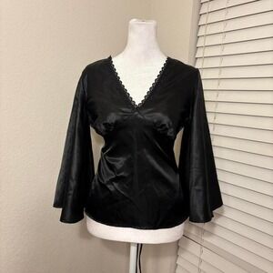 vintage 90s charlotte russe black satin lace blouse dramatic flare bell sleeves